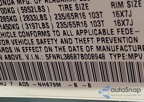 2007 Honda Odyssey z USA, uszkodzony, nr VIN 5FNPL38687B008948